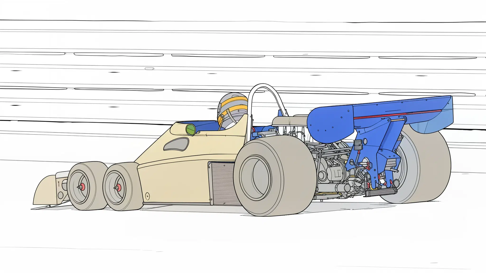 Sketch tecnico con silhouette semplificata di veicolo da corsa